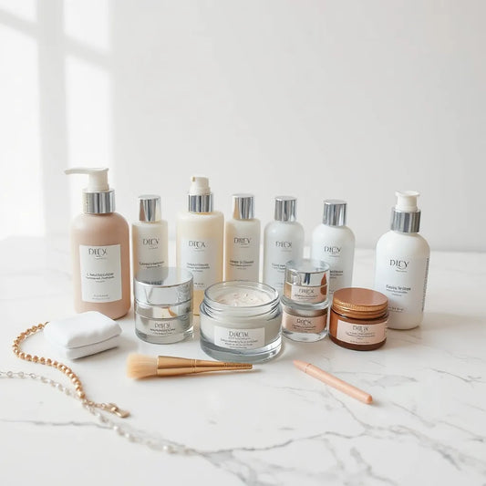 Neatly arranged skincare bottles and jars for a full face and body routine on a clean marble surface