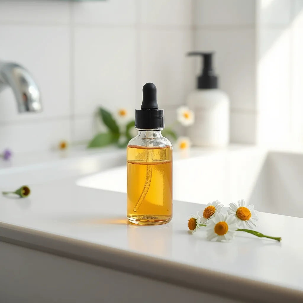 Amber serum in a glass dropper bottle with soft natural botanical accents on a clean vanity