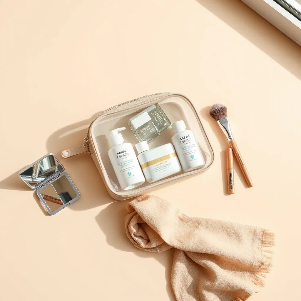 Travel toiletry bag with small skincare and makeup essentials arranged neatly on a light background