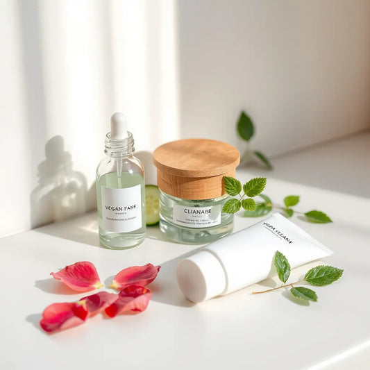 Minimal skincare bottles with natural botanical accents on a light countertop