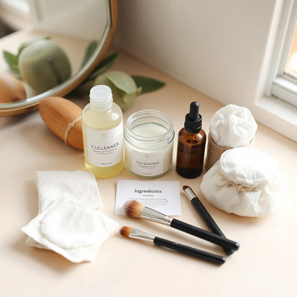 Skincare and makeup items arranged neatly on a neutral vanity under soft natural light