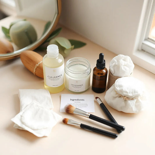 Skincare and makeup items arranged neatly on a neutral vanity under soft natural light