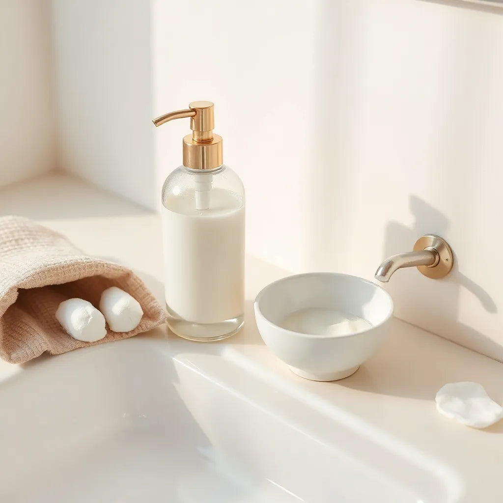 Gentle facial cleanser bottle and creamy cleanser on a clean vanity for dry skin care