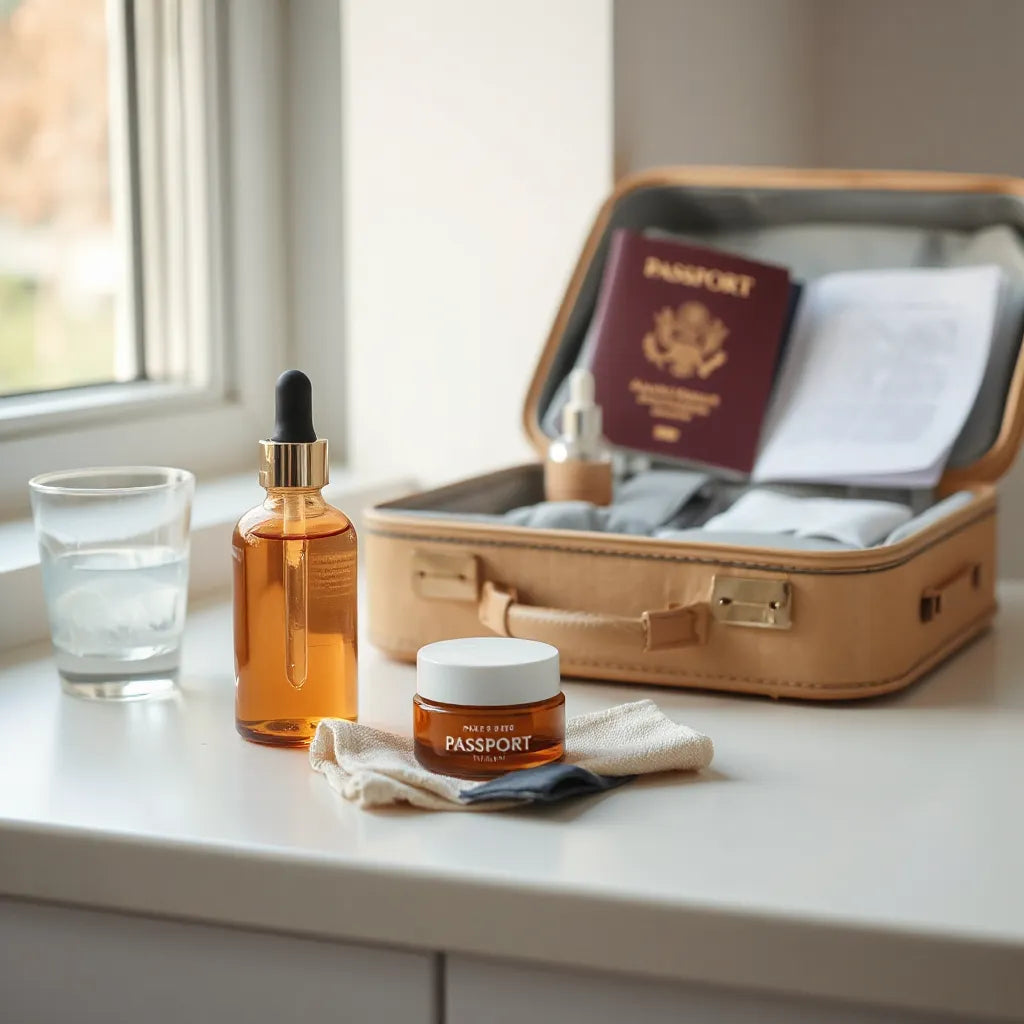 Travel skincare essentials with a moisturizer jar, face cloth, and gentle hydration items on a bright vanity