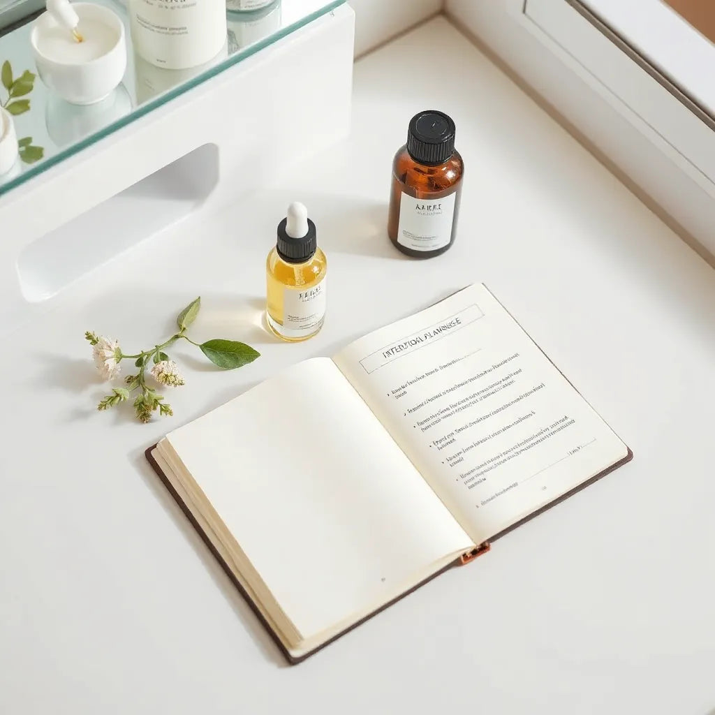 Skincare products and a blank journal page on a minimal vanity under soft daylight