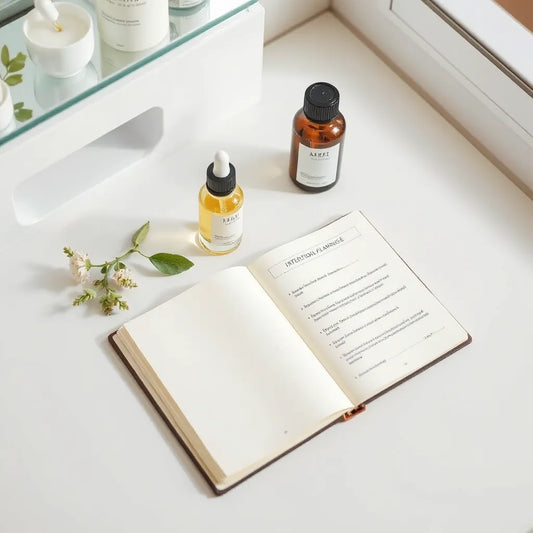 Skincare products and a blank journal page on a minimal vanity under soft daylight