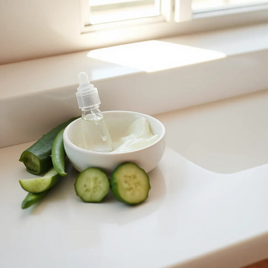 Skincare essentials with dewy cream and fresh botanicals beside a softly lit face