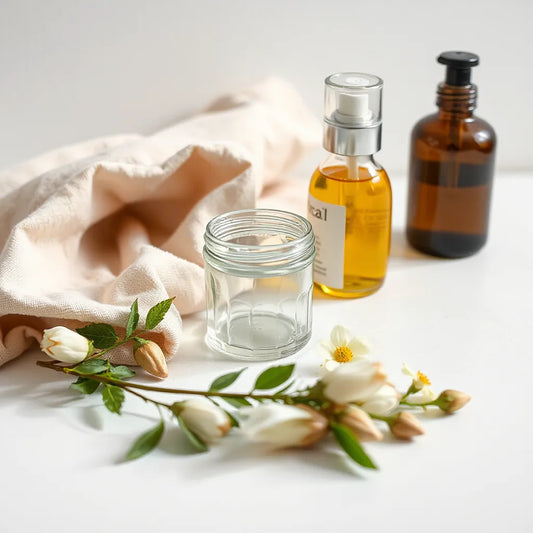 Glass skincare bottles and a natural facial oil with fresh botanicals on a clean countertop