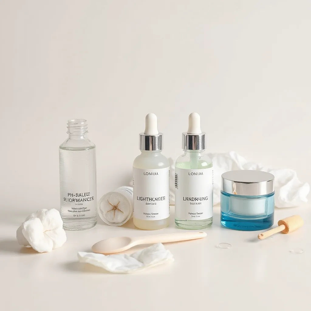 A minimal set of pH-balanced skincare products with cleanser, toner, serum, and moisturizer on a clean background