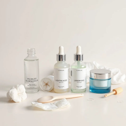 A minimal set of pH-balanced skincare products with cleanser, toner, serum, and moisturizer on a clean background