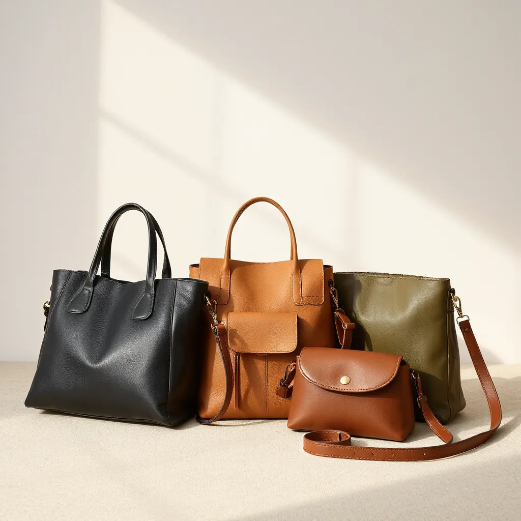 Multiple vegan leather handbags in neutral colors arranged in a clean studio setting