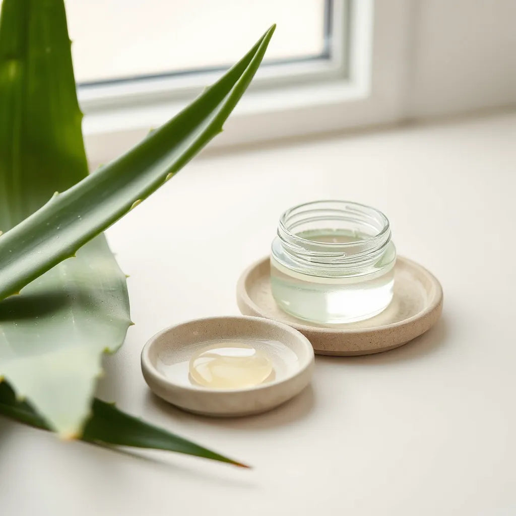 Aloe vera leaf next to a small jar of translucent gel for soothing hydration skincare