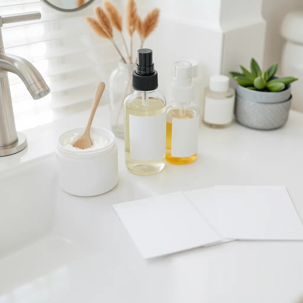 Skincare products on a clean vanity with blank ingredient cards and soft daylight