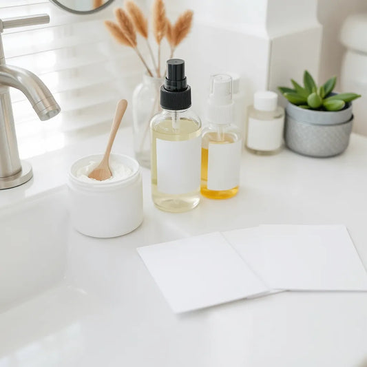 Skincare products on a clean vanity with blank ingredient cards and soft daylight