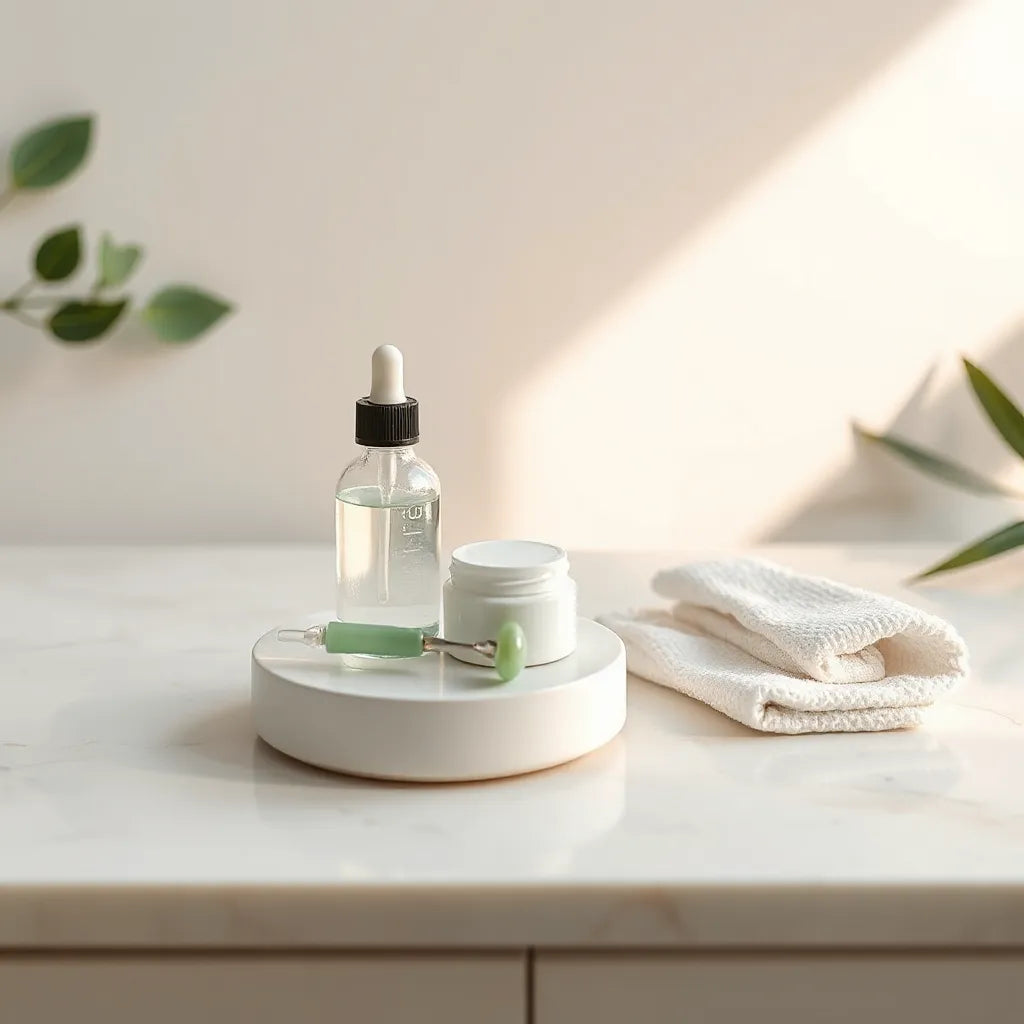 Skincare products and a serum dropper arranged on a bright marble surface for a glow routine