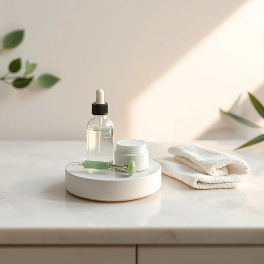 Skincare products and a serum dropper arranged on a bright marble surface for a glow routine