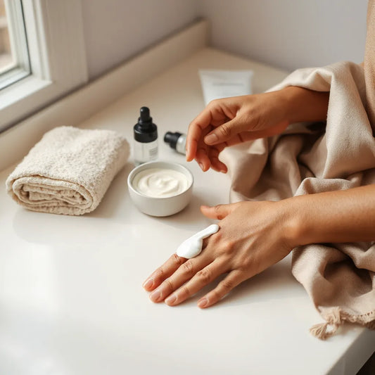Hands applying moisturizer beside sunscreen and serum on a clean vanity for even, healthy skin prep