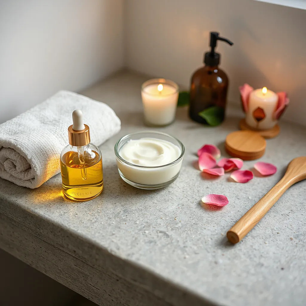 Warm spa setup with body scrub and oil, soft towel, candlelight, and rose petals on a stone vanity