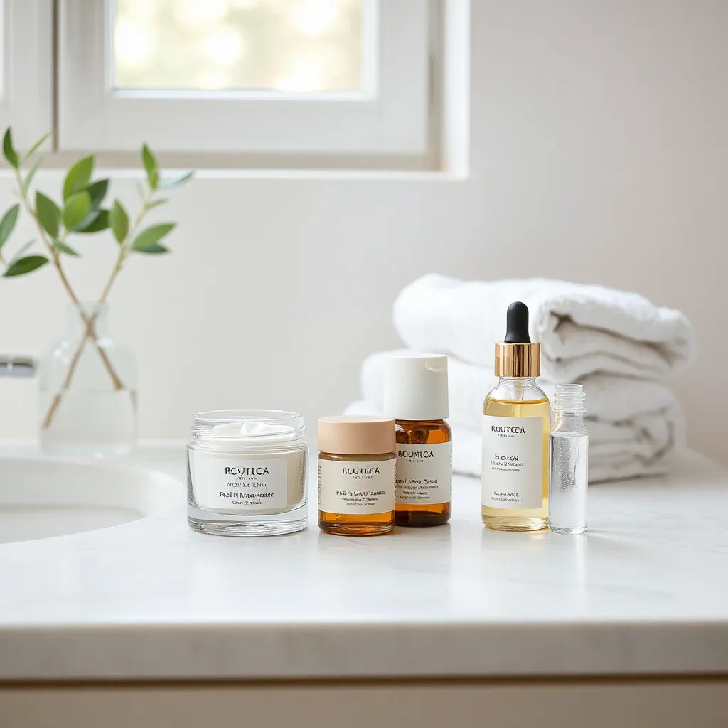 Hydrating skincare products for dry skin arranged on a clean counter with soft natural light