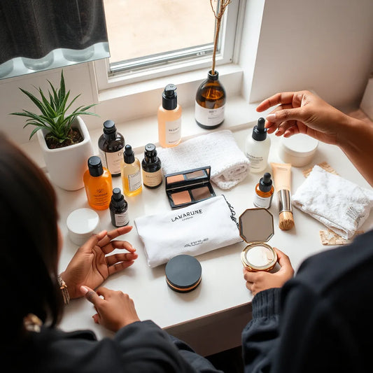 Assorted skincare and makeup items on a clean vanity with diverse hands applying moisturizer under natural light