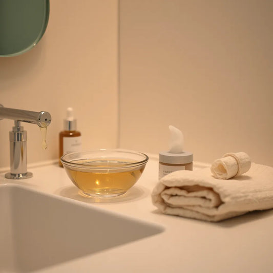 Skincare essentials arranged on a night vanity for a gentle restoration ritual