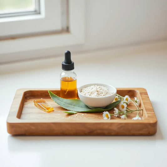 Natural skincare ingredients with aloe leaf, oatmeal, and a glass dropper bottle on a minimal countertop