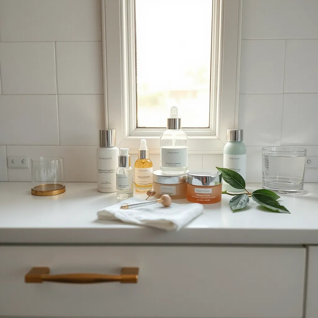 Skincare products from a radiance enhancing collection arranged on a clean vanity with soft natural light