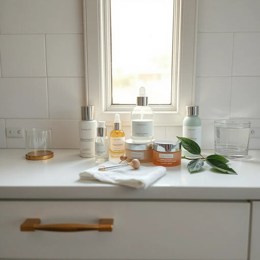 Skincare products from a radiance enhancing collection arranged on a clean vanity with soft natural light