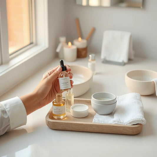 Hands arranging skincare products on a clean countertop with warm, calm lighting