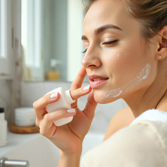 Person applying moisturizer and sunscreen with skincare essentials on a clean countertop