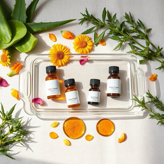Glass vials of botanical extracts with fresh aloe, rosemary, and calendula on a neutral linen background