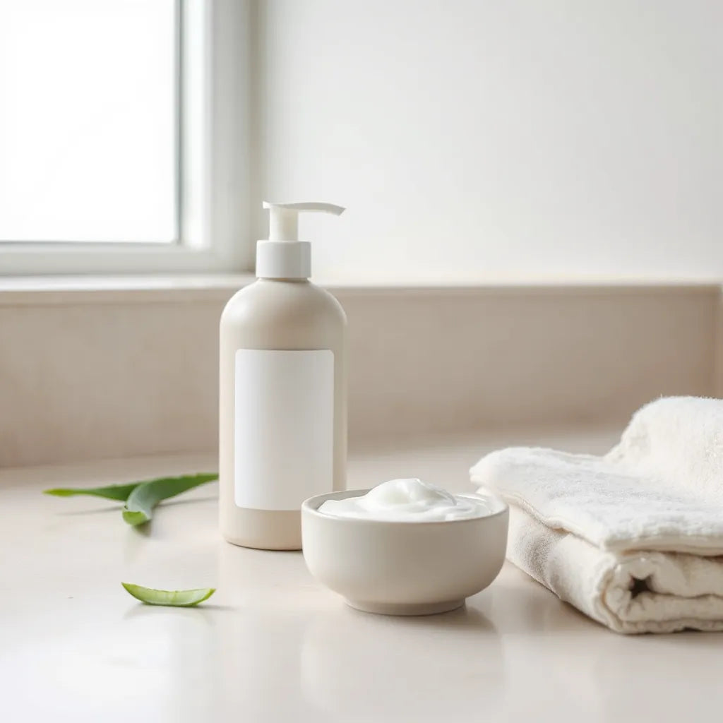 Sulfate-free shampoo bottle with creamy lather and natural ingredients on a clean bathroom counter