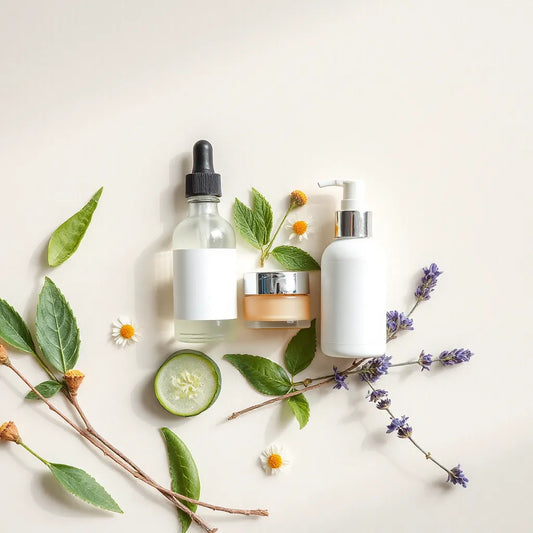 Assorted botanical skincare products with fresh green herbs and flowers on a clean neutral surface