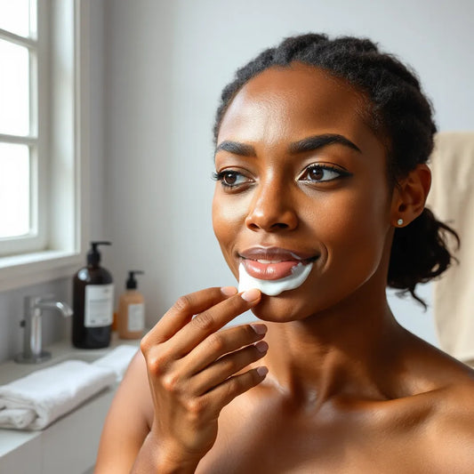 Person with deep brown skin applying facial moisturizer in soft natural light