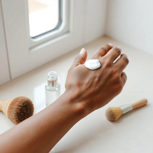 Dark-skin hand applying facial moisturizer with skincare products on a clean countertop