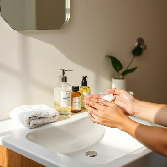 Hands applying body lotion to damp skin beside body wash, scrub, and towel on a bathroom vanity