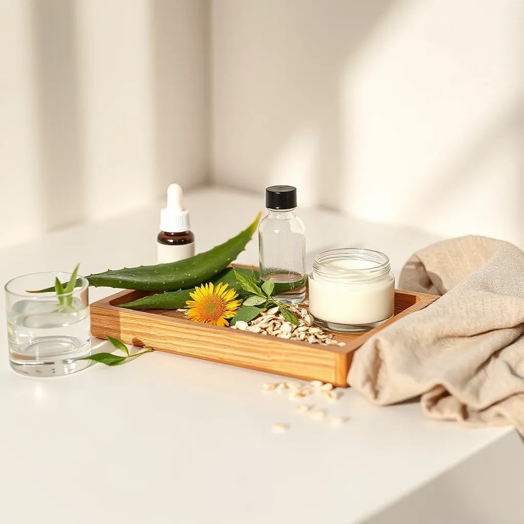 Natural plant ingredients and skincare containers on a minimal countertop