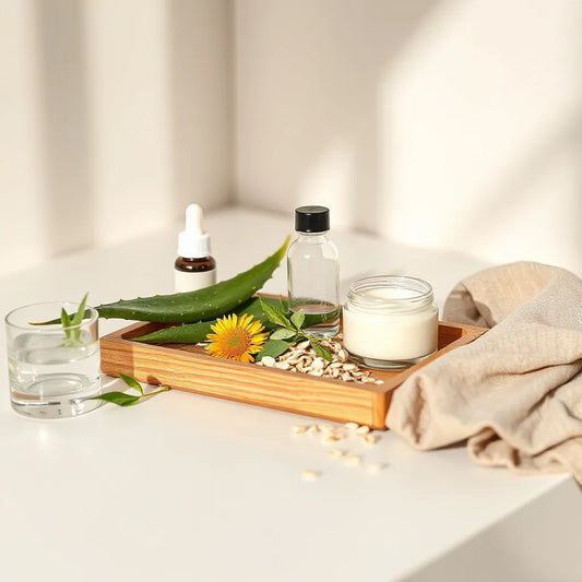 Natural plant ingredients and skincare containers on a minimal countertop