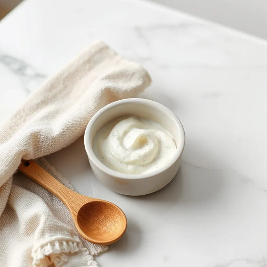Bowl of exfoliating polishing scrub with cream texture and granules on a clean vanity