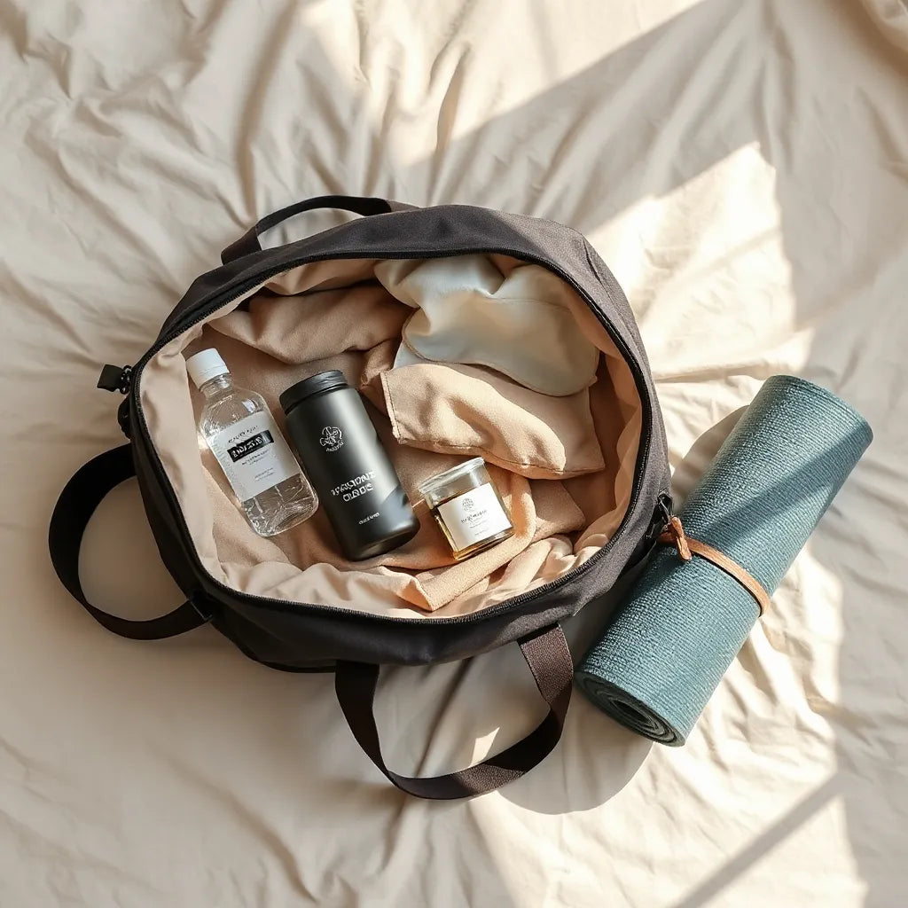 Open travel bag with water bottle, skincare kit, sleep mask, tea, and rolled yoga mat on a bed