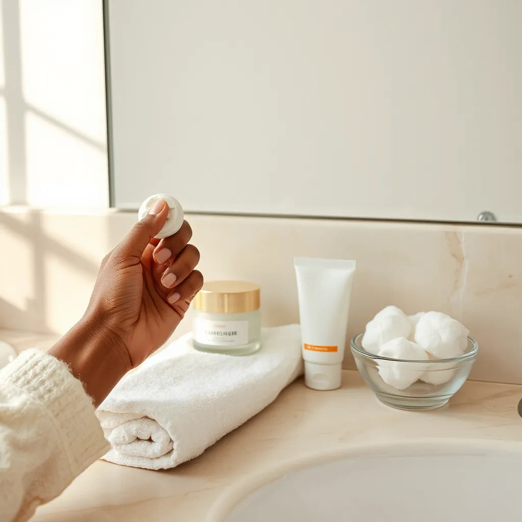 Melanated hand applying gentle facial moisturizer with minimalist skincare products on a vanity