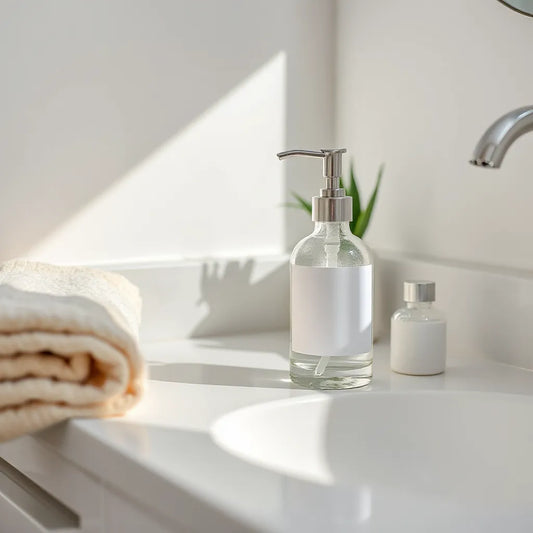 Fragrance-free lotion bottle on a clean vanity with a neutral towel and skincare accessories