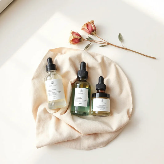 Curated skincare gift set with bottles and jars tied with a soft ribbon on a neutral background