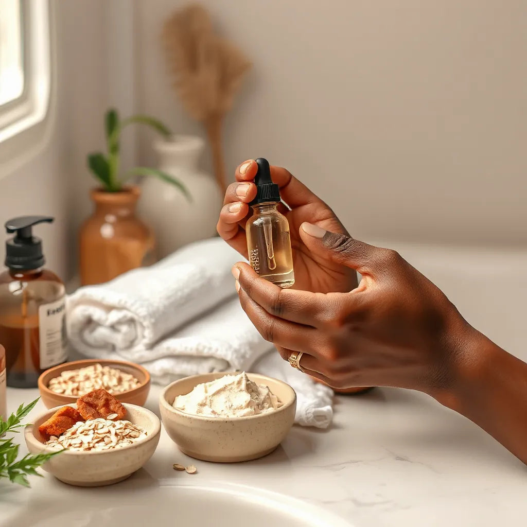 Melanated hands applying moisturizer on the face with simple skincare items on a bright vanity