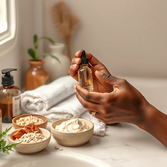 Melanated hands applying moisturizer on the face with simple skincare items on a bright vanity