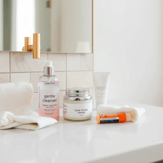 Skincare products for a simple daily routine arranged on a clean bathroom vanity