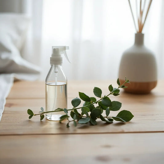Eucalyptus spray mist dispersing from a glass bottle beside fresh eucalyptus leaves on a wooden table
