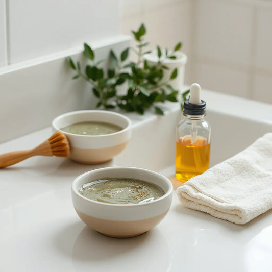 Softly lit vanity with bowls of facial mask, a brush, and skincare bottles for a rejuvenating routine