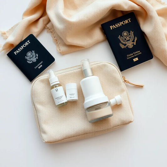 Mini skincare products and travel essentials arranged neatly on a neutral pouch in natural light
