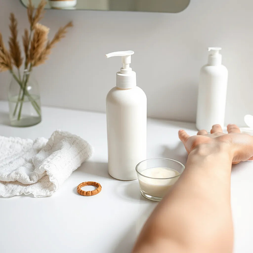 Body lotion bottle and creamy moisturizer beside a forearm with gentle dry-skin texture